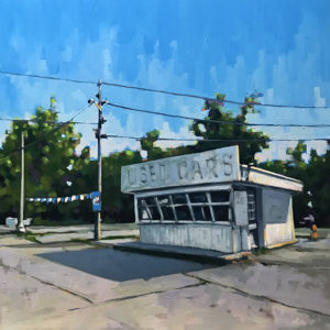 Visual Art - Urban Landscape Oil Painting of Used Car Lot next to Butchies Restaurant in Whitby Ontario