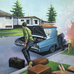 Oil Painting of car being unloaded after vacation