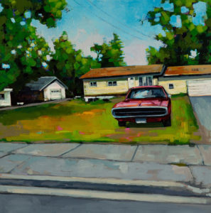 Classic Car parked in front lawn oil painting