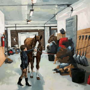 Horse and rider in stables oil painting