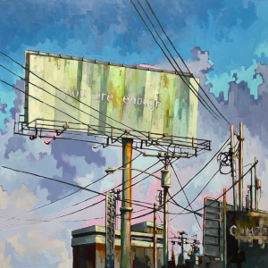 Oil Painting of Urban Landscape with Billboard